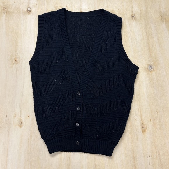 Source Unknown Sweaters - Vintage Sweater Vest Womens Medium Navy V Neck Tight-Knit Button Top